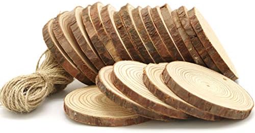 YuBoBo Wood Slices 22 Pcs 3.15"-3.54" Tree Slices Natural Round Unfinished Pre Drilled Tree Bark Log Discs with 49 Feet Jute Twine for DIY Ornaments Easter/Halloween/Christmas Party Decoration