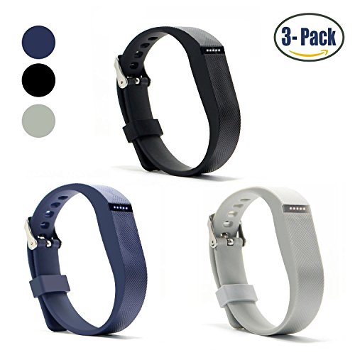 Hotodeal Replacement Bands for Fitbit Flex, Fashion Adjustable Silicone Sport Wristband with Chrome Clasp and Fastener Buckle, Prevent Tracker Falling Off, Comfortable, Pack of 3 (Black+Navy+Grey)