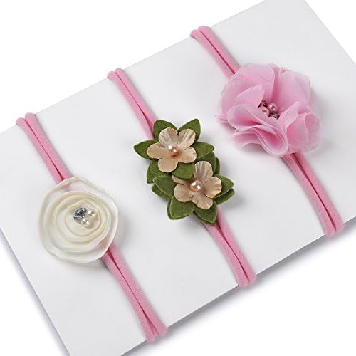 Baby Cute Girl Headband Toddler Stretchy Soft Nylon Flower Hair Band Set of 3 (Pink)