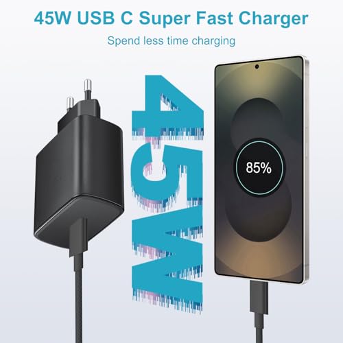 45W Fast USB C Charger for Samsung Galaxy S26 Ultra/S26+/S26/S25/S25 Ultra/S24/S23/S22/A55/A54/A16/ A56/A26 /A54/Z Fold /Flip7/6/5, USB C Mains Plug with Nylon 3M USB C Charging Cable Fast