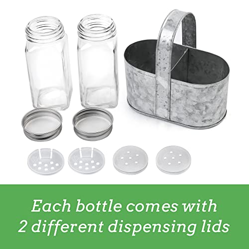 LotFancy Salt and Pepper Shakers Set, Glass Bottles with Galvanized Caddy Holder, Farmhouse Style for Kitchen Table, Home Decor
