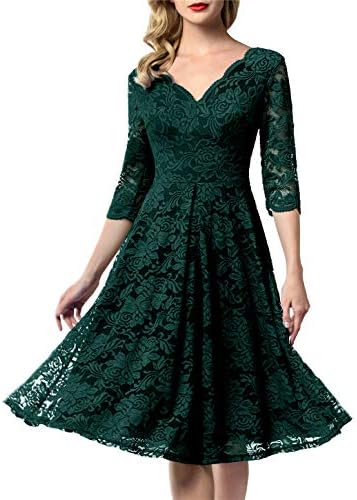 AONOUR Women's Vintage Floral Lace Bridesmaid Dress 3/4 Sleeve Wedding Party Midi Dress