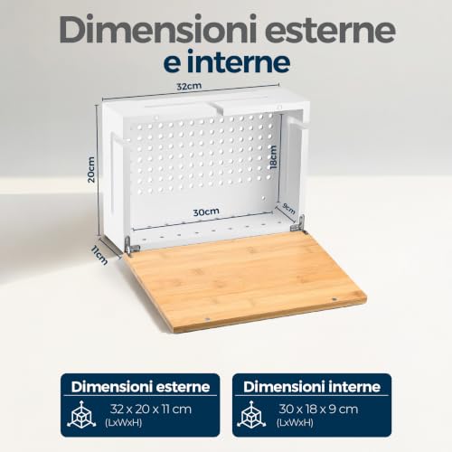 Bamboo Cable Management Box 32×20×11cm - Magnetic Lid - Cable Organizer Wall Mount with Accessories Included - Cable Storage Box for Office, TV and Home Office (White)