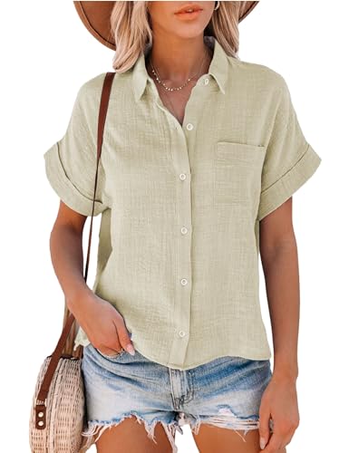Lingjiazi Women's Cotton Linen Button Down Short Sleeve Shirt 2026 Summer Linen Tops Blouses with Pocket(0688-Khaki-L) at Amazon