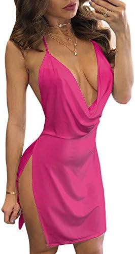 VANCOL Women's Sexy Deep V-Neck Halter Backless Slit Mini Party Club Dress