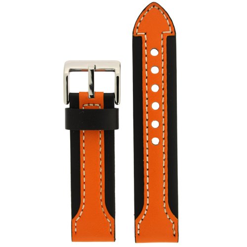 Watch Band Genuine Leather Strap Thick for Sports Watches Black Orange 24mm