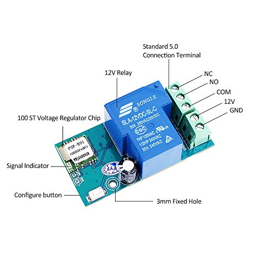 PEMENOL 12V WiFi Relay Switch Module Wireless Inching & Self-Locking WiFi Smart Relay Switch for DIY Smart Home Turn on PC Garage Door Compatible with iOS Android 2G/3G/4G Network - Thumbnail 3