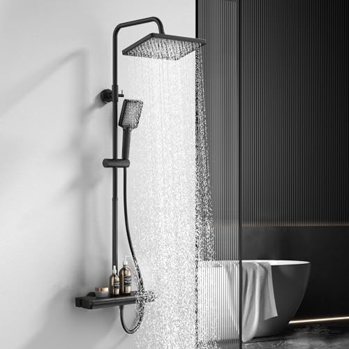 HOMELODY Shower System with Thermostat and Glass Shelf Black - 30 x 20 cm Large Shower Head Rain Shower and 3 Jet Types Hand Shower, 2 Piano Knobs Shower Fitting Complete Set Shower Set with Rain Shower