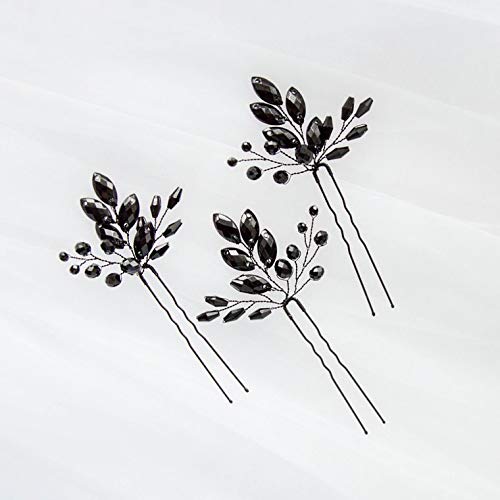 Kercisbeauty 3PCS Wedding Black Crystal Hair Pins for Bride Bridal Bridesmaid Headpiece Prom Hair Accessory