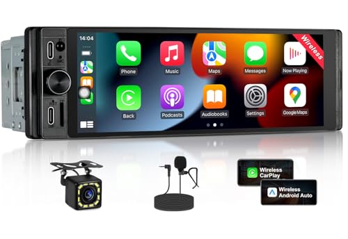 1 DIN Radio Compatible with Wireless CarPlay & Android Car, Car Radio 1Din with 6.28 Inch HD Screen, Navi, Bluetooth, AM/FM/RDS, TF, AUX, SWC