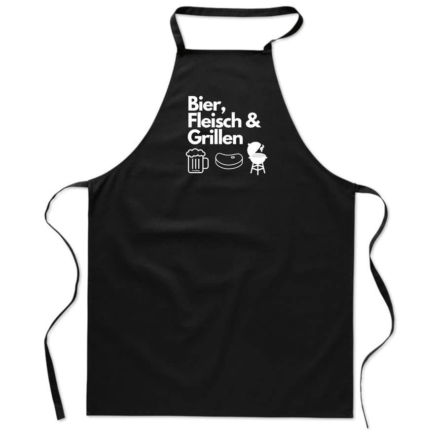BBQ Apron for Men with the "Beer, Meat & Grilling" – Cotton Apron – Cooking Apron as a Gift for Men for Barbecuing – Barbecue BBQ Meat Summer Black One Size, black, breit