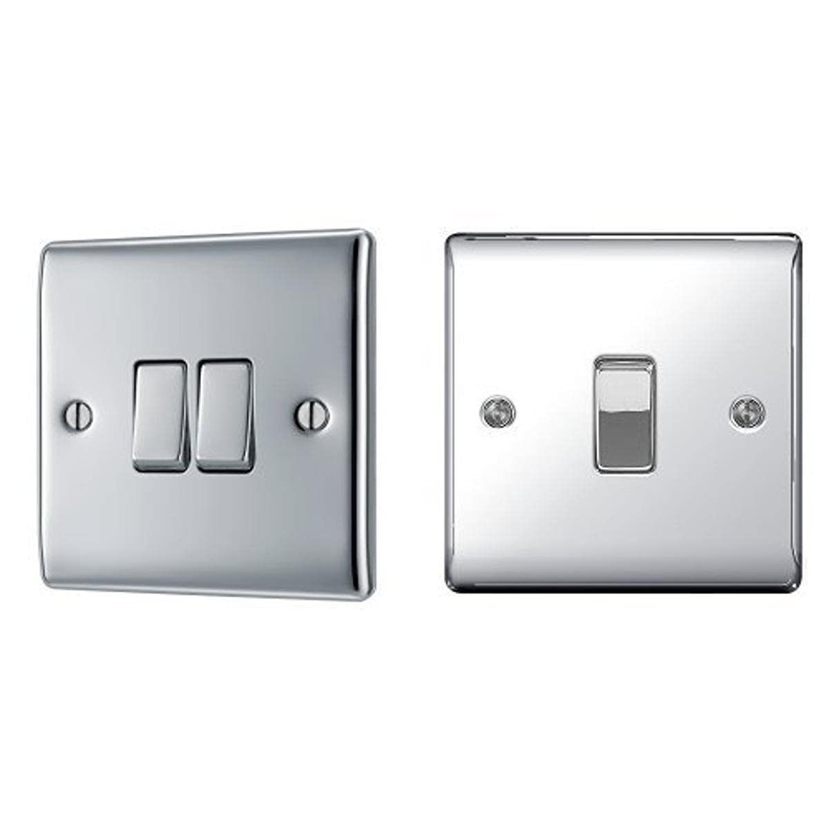 BG Electrical NPC42 Nexus 2-Gang 2-Way Electrical Metal Polished Chrome 10Ax Plate switch, Polished Chrome + Electrical NPC12 Nexus Metal Polished Chrome 1 Gang 2 Way 10 A Plate Switch