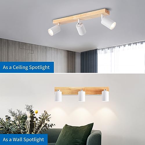 ANWIO Ceiling Lamp with 3 Interior LED Bulbs, GU10 Base, White Wall Light with Rectangular Wooden Base, Rotatable Ceiling Light (without Bulbs)