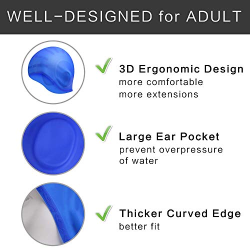 Hurdilen Swim Cap, Premium Silicone Swimming Cap with Earplugs & Nose Clips,3D Ergonomic Design Ear Pockets,Flexible Reversible for Adults Women Men (Blue)