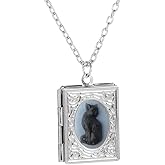 Unique Cat Locket Necklace for Women Men Book Shaped Photo Locket Hold Picture Pendant Necklace Engraved Flowers Souvenir Memorial Clavicle Memorial Jewelry for Animal Kitten Pet Lover