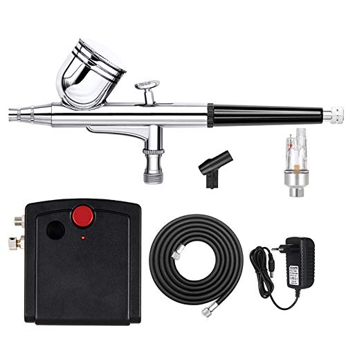 POWERTOOL Airbrush Kit Set, Airbrush Gun kit Dual-Action Airbrush with 1/3oz. Cup and 0.3mm Tip, Mini Air Compressor, Hose, Storage Case(Black+EU Pl)