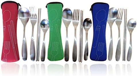 Camping Travel Eating Utensil - Value Pack of 3 Assorted Sets with Spoon, Teaspoon, Fork &amp; Chopsticks in Carrying Case - Premium Stainless Steel To Go Flatware - Kumbava