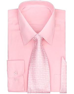 Men's Long Sleeve Dress Shirt with Matching Tie & Handkerchief Set | Dress Shirts for Men | Button up Shirt