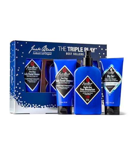 Jack Black The Triple Play Gift Set for Men – Pure Clean Daily Facial Cleanser, Double-Duty Face Moisturizer with SPF 20, and Big Sir Body & Hair Cleanser – Men’s Hydrating Skincare Kit
