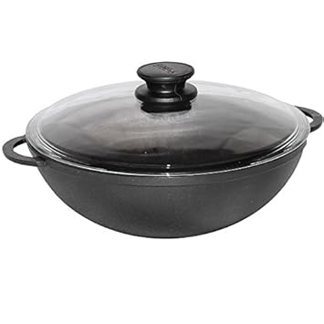 Gusseisen Wok Kasan mit Glasdeckel D: 28 cm.