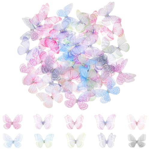 IANFAN 60 Pcs Colorful Fabric Butterflies, 3D Lace Butterfly Appliques 2 Layers Wings Wall Decoration Organza Butterflies for Crafts, Wedding, Party, and Home Decor