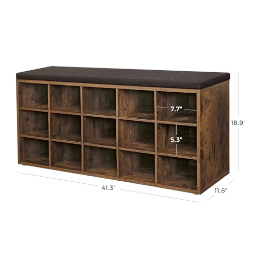 VASAGLE Banco Sapateira com Almofada, 15 Compartimentos, 105 x 30,3 x 48 cm, 1 Peça, para Hall de Entrada, Castanho Rústico e Nogueira, Custos BRLHS15BX