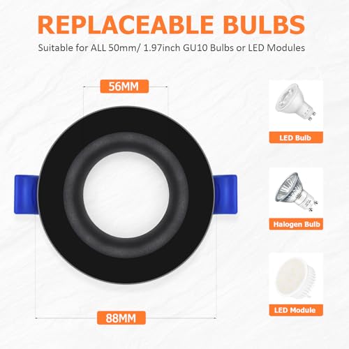 KYOTECH LED Recessed Spotlight 230 V 5 W IP65, Recessed Spotlight 68-75 mm, Extra Flat Bathroom Spotlight 3000K Warm White 3000K, Ceiling Spotlights for Bathrooms, Living Rooms, Kitchen, Hallway, Round Black Pack of 6
