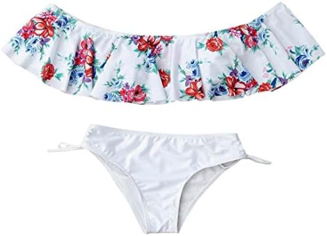 Clearance,Hatoppy Lady Flower Print Off Shoulder Split Bikini swimsuit (S, white)