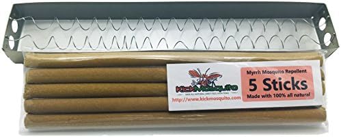 Kick Mosquito Repellent Sticks - Myrrh All Natural Outdoor Incense - DEET FREE - Repel Insects in the Backyard Garden Barbeques - Free Holder + 5 Giant STICKS Burn 2-3 Hours Each