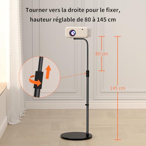 VISULAPEX Soporte de Proyector Ajustable de 80 a 145 cm, con rótula giratoria de 360°, Soporte proyector Suelo Compatible con proyector, cámara Web y cámara, Carga máxima 10 kg