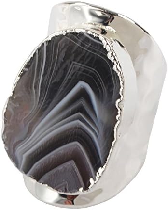 JAB 1 Pcs Silver Plated Natural Onyx Agate Druzy Open Band Ring Fashion Jewelry for Unisex