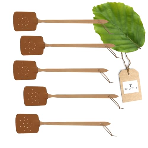 5X HOFMEISTER® Fliegenklatsche, Buchenholz & Leder, 47,5 cm, aus Europa, praktischer Mücken-Schläger gegen Insekten, Klatsche mit Lederband zum Aufhän
