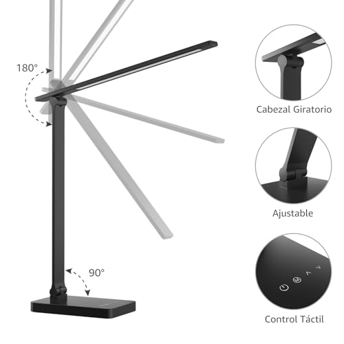 Lepro Lámpara de Escritorio LED, Luz de Mesa Metálica 9.5W 750 Lúmenes, 5 Modos de Color y 5 Niveles de Brillo, Lámpara Regulable para Oficina en Casa, Lectura, Manualidades, Costura, Negro