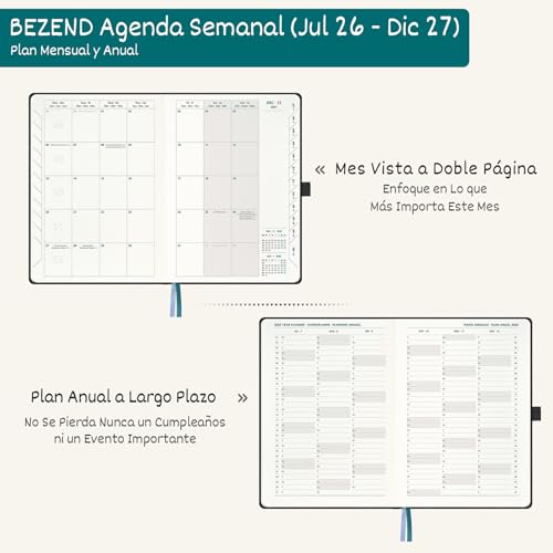 BEZEND School Diary 2026 2027 Week to View A5 15.5 x 21 cm, 18 Months from Jul.26 to Dec.27, Week to View with Dotted Page, 90 GSM Paper, Hard Cover PU Leather - Black
