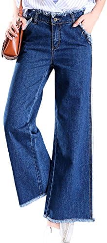 SUGIRLS Women's New Casual Wide Leg Flared Denim Cropped Jeans Pants Tassel Hem Blue 28