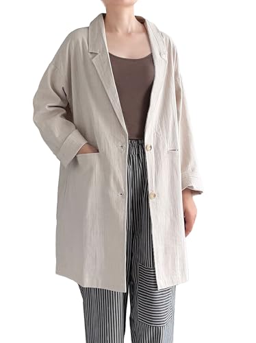 Minibee Women's Blazer Lightweight Jackets Cotton Linen Long Sleeve Shirts Casual Blouses Jacket with Pockets Nature Medium at Amazon