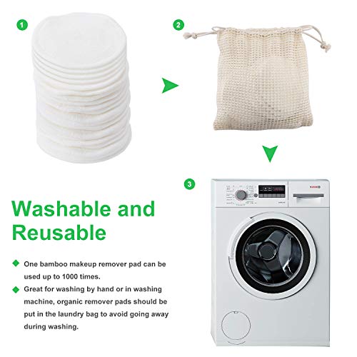 Reusable Makeup Remover Pads 20 Pack, Soft Organic Bamboo Facial Cotton Rounds, Washable Eco-friendly Natural Facial Cleansing Cloths for Eye Makeup Remove, with Laundry Bag and 2 Makeup Sponges