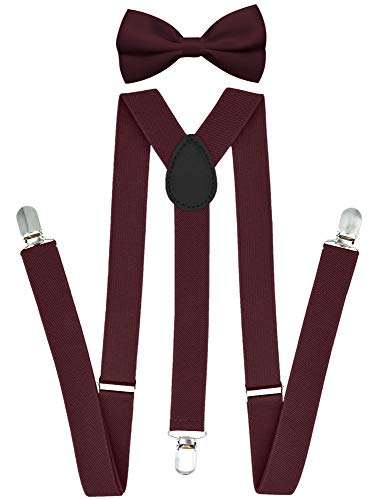 Trilece Suspenders for Men with Bowtie Set - Adjustable Elastic Y Back Style Suspender Bow Tie (Burgundy Set)