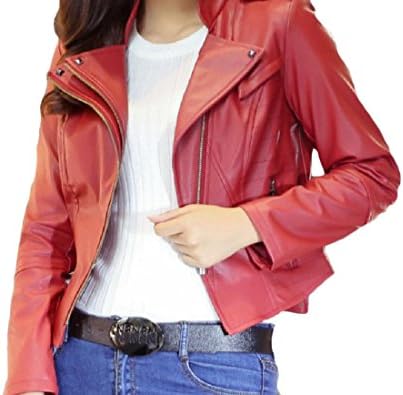 Freely Women Zip Up Stand Collar PU Leather Plus-Size Biker Jacket Wine Red 2XL