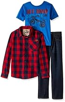 Lee Little Boys' 3 Piece Button Down Shirt, Graphic Tee, Jean Set, Off Road Thunder Wash, Small