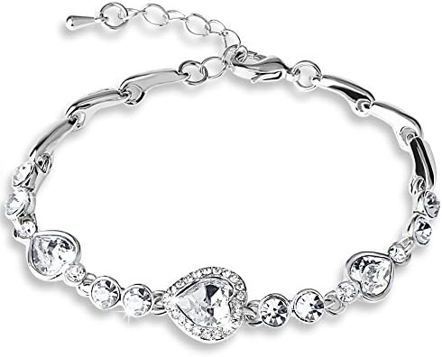 White Gold Plated Heart Shape Swarovski Elements Crystal Bracelet,7" with 1.5" Extender (White)