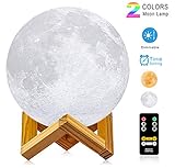Moon Lamp, LOGROTATE (4.7 inch) 3D Printing LED Night Light Moon Light with Stand & Remote Control, Warm & Cool Two Colors and Dimmable & Time Setting, USB Rechargeable for Kid Lover Birthday Day Gift