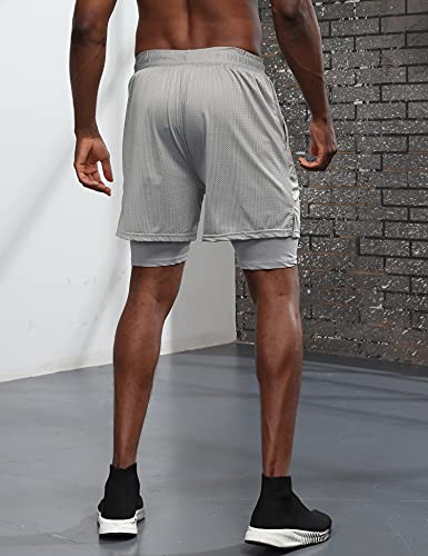 iWoo Men\'s 2 in 1 Workout Running Shorts Quick Dry Compression Shorts with Pockets Grey