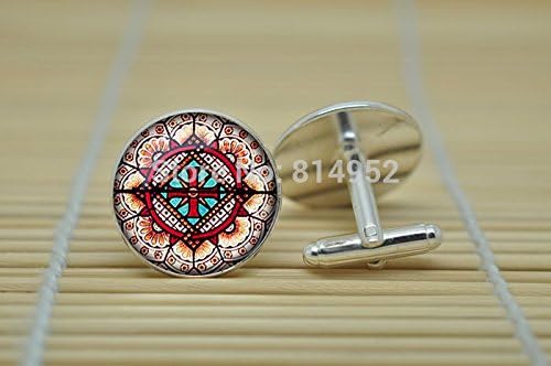 Pretty Lee Vintage Church Stained Glass Jewelry Cufflinks Abstract Cufflinks In Silver Glass Cabochon Cuff Links C0725