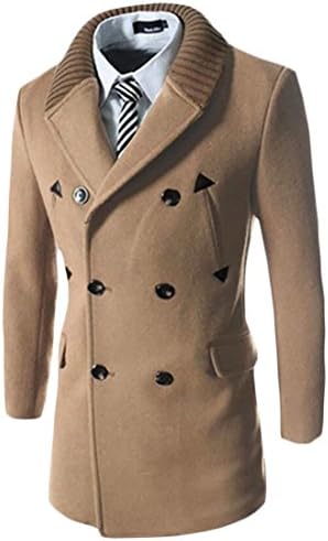 XQS Men Lapel Double-Breasted Slim Fit Wool Pea Trench Coat