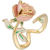 Kokoma Pink Rose Flower Ring for Women Enamel Elegant Floral Leaf Wrap Finger Band Wedding Rings Engagement Promise Ring Bands Fashion Jewelry