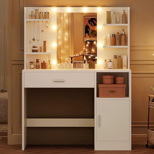 TEENFON Vanity Desk with Mirror and Lights, Makeup Vanity with Large Drawer, 4 Shelves and 5 Jewel Hooks, Dressing Table with Cabinet & Open Compartment for Bedroom, White