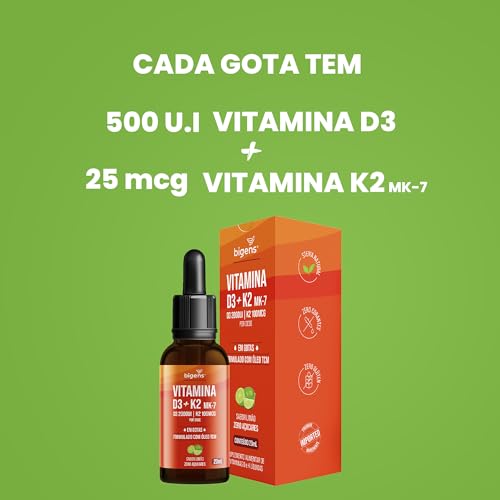 Biogens Vitamina D3 + K2 MK-7, em Gotas, D3 2000UI | K2 100mcg, Sabor Limão, Kit 2x 20ml