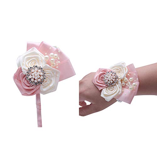Florashop Satin Flowers with Brooch Wrist Corsage & Boutonniere Wedding Bridal Bridesmaid Wrist Corsage Wristband and Men's Groom Bridegroom Boutonniere for Wedding Prom Party Homecoming