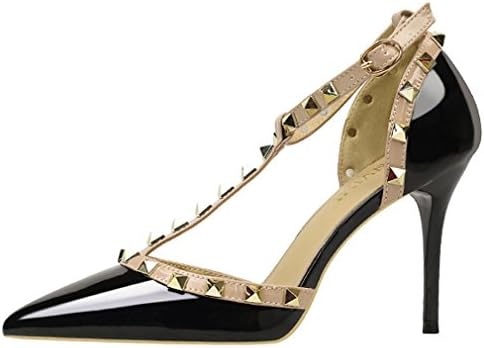 Xianshu Womens Pointed Toe Stiletto High Heel Shoes Rivet Ankle Strap Buckle Court Shoes Sandals